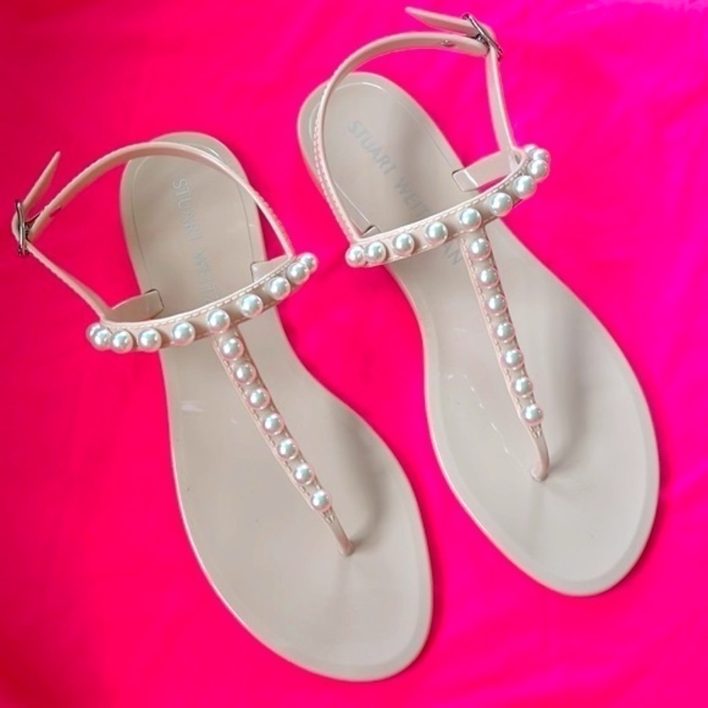 Brand New Stuart Weitzman Goldie Pearly Stud Jelly Sandals Ankle Strap Neutral